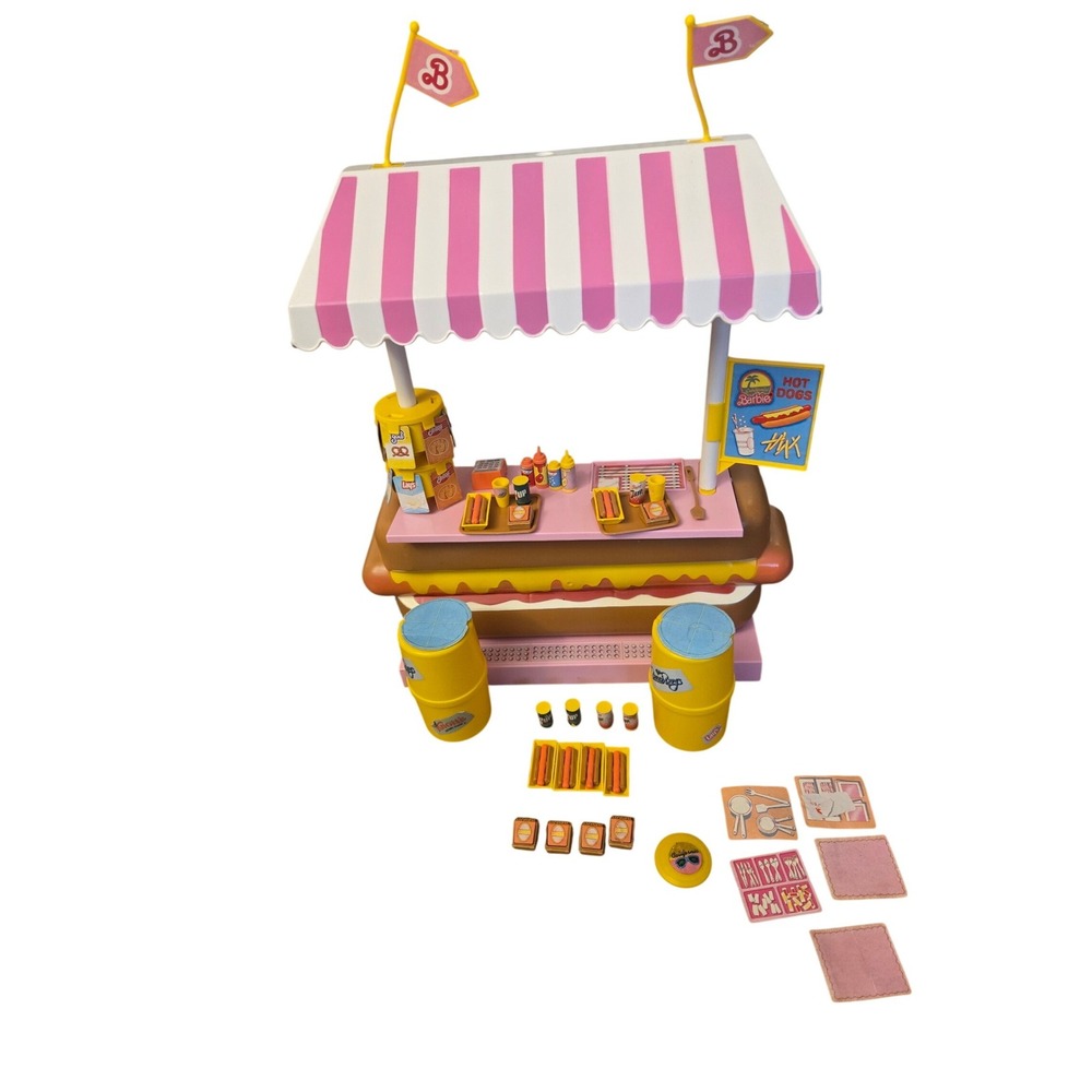 Vintage 1987 Barbie Hot Dog Stand Playset with Accessories Pink Yellow 4855